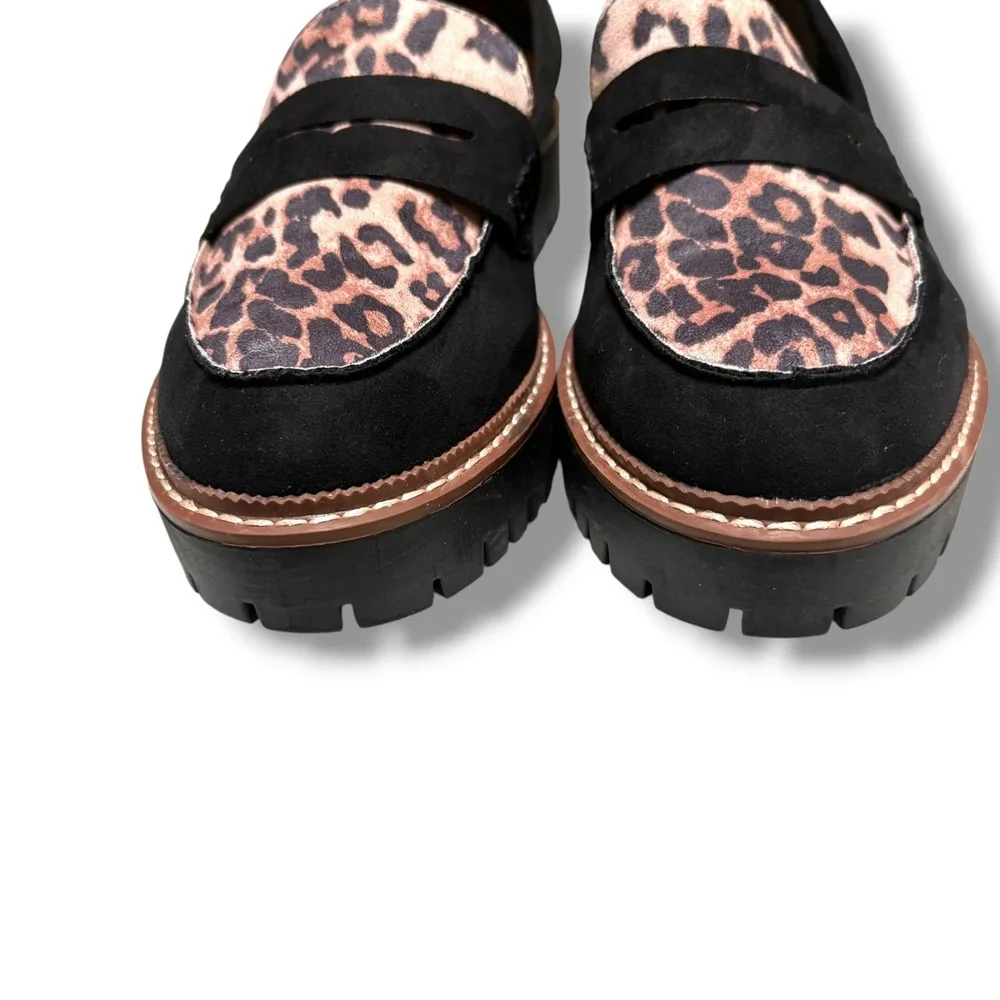 Jellypop Womens Black Leopard Print Lug Sole Penny Loafers Platform Shoes 9.5M